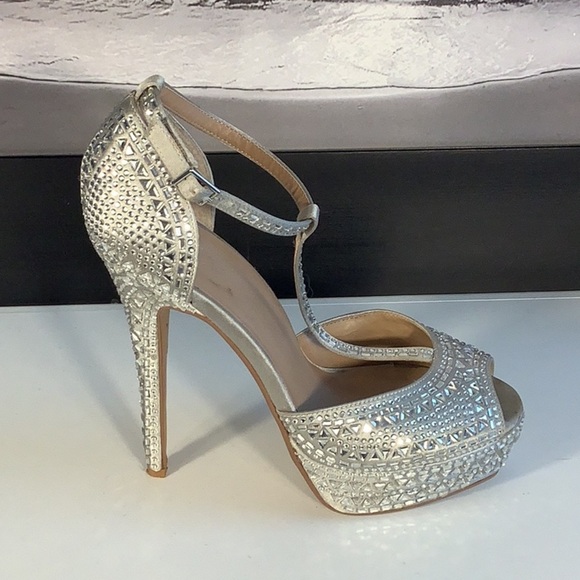 Thalia Sodi Flor Silver T Strap Platform Stiletto Jeweled Open Toe Heels Sz 9 - Picture 6 of 12
